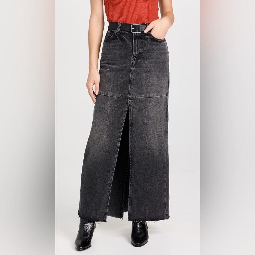 NWT Reformation Black Denim Midi Skirt 31 High Rise Split Front Wash Raw Hem